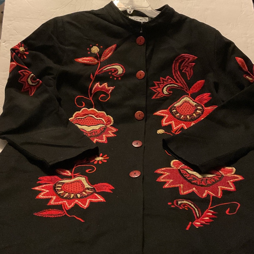 Indigo Moon Vintage Embroidered Black BOHO Jacket with Red Floral Design